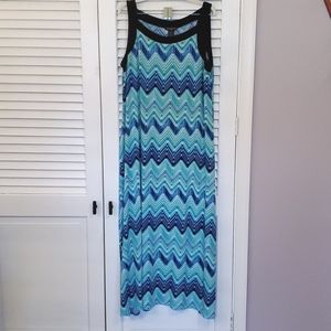 Chevron Maxi Dress, Size 3X, Blue/Green w/Black trim